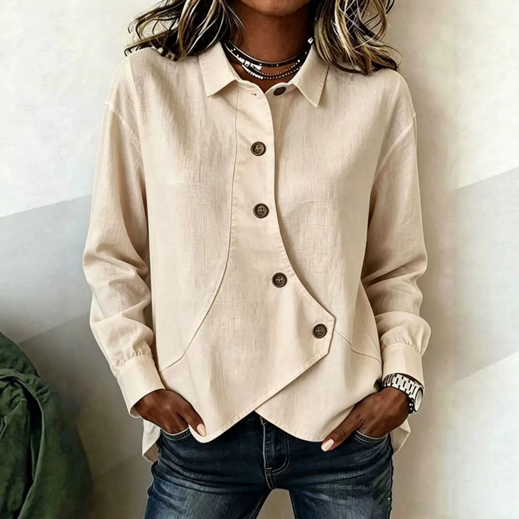 Femmes Casual Solid-Color Asymétrique manches longues chemise de style européen et américain