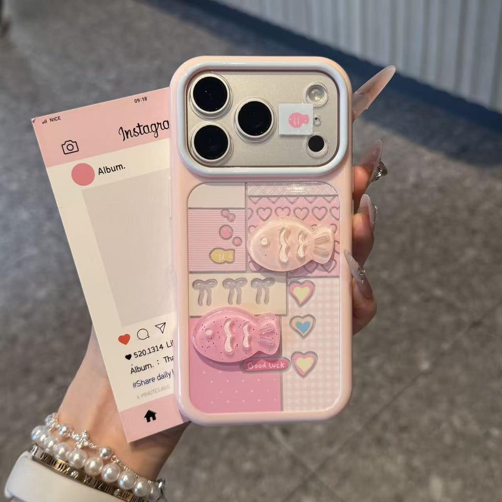Coeur Plaid en bloc de couleur et cas de téléphone de poisson 3D