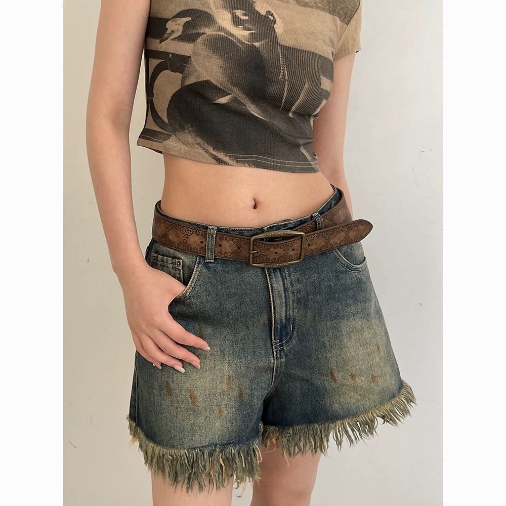 Ceinture en cuir embossée vintage de style américain avec boucle en bronze