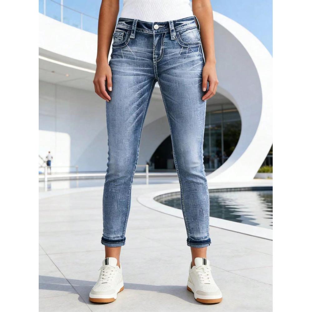 Femmes Lavées Faded Cuffed Ankle Skinny Denim Jeans Slim Fit Pantalons pour les voyages en plein air tous les jours