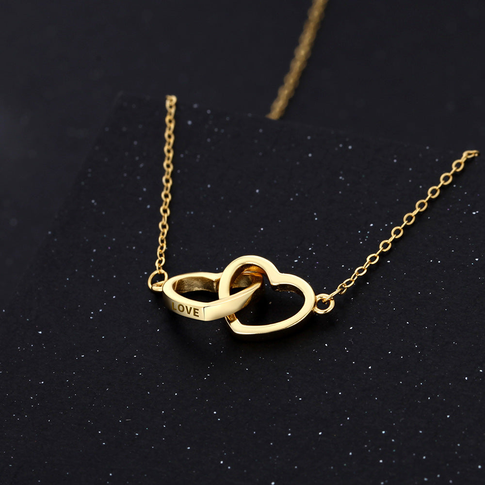 S925 Collier argenté en forme de coeur avec pendentif double coeur gravé