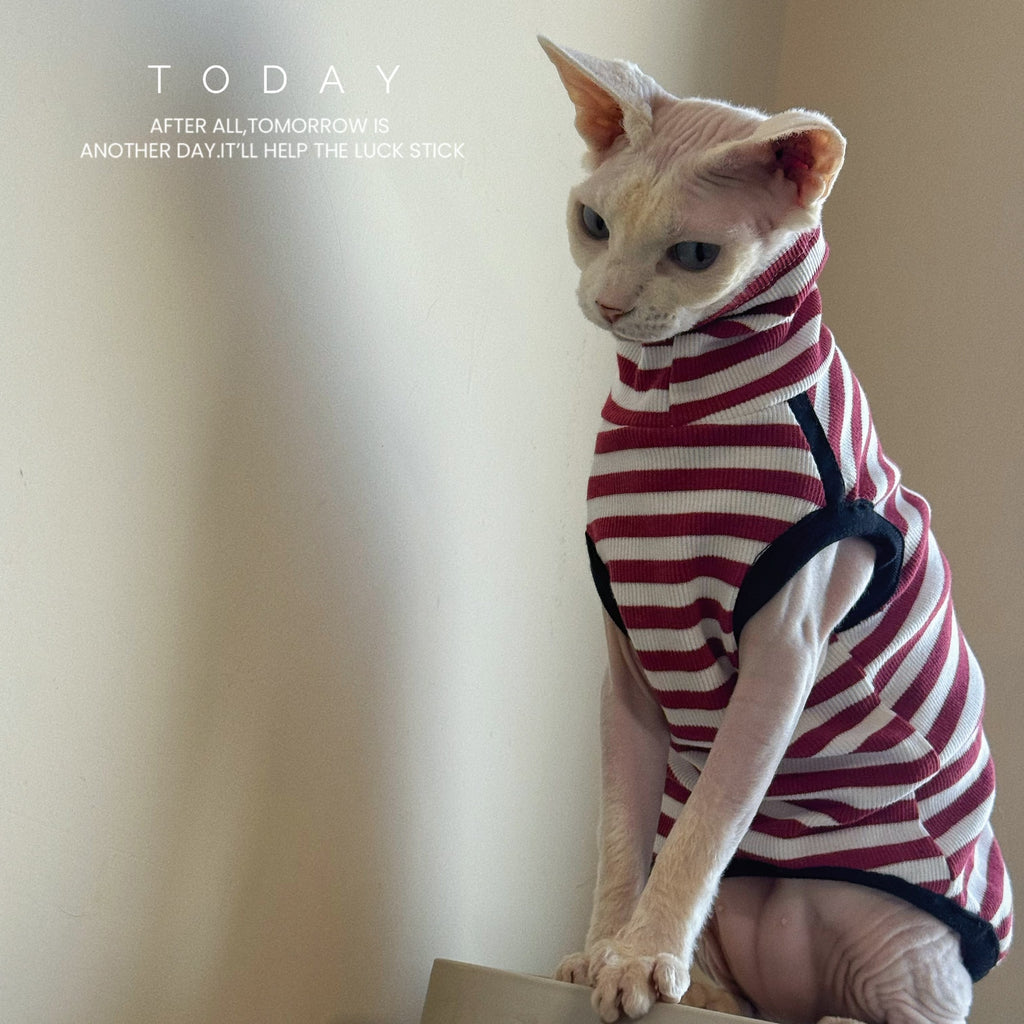 Sphynx Chemise sans manches de printemps de chat rouge et blanc rayé vêtements de mode pour les chats sans cheveux