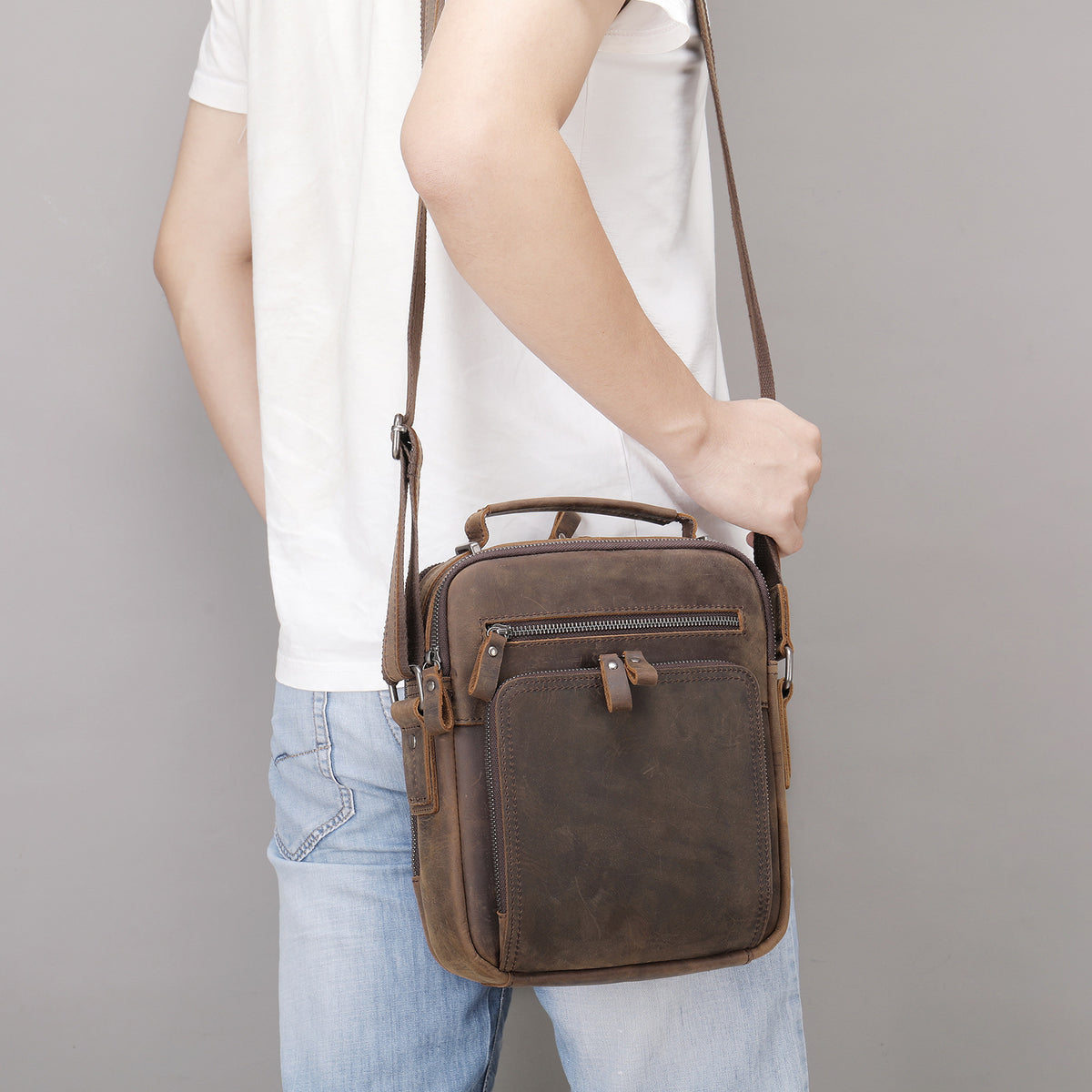 Véritable sac de messager en cuir vintage Cheval fou