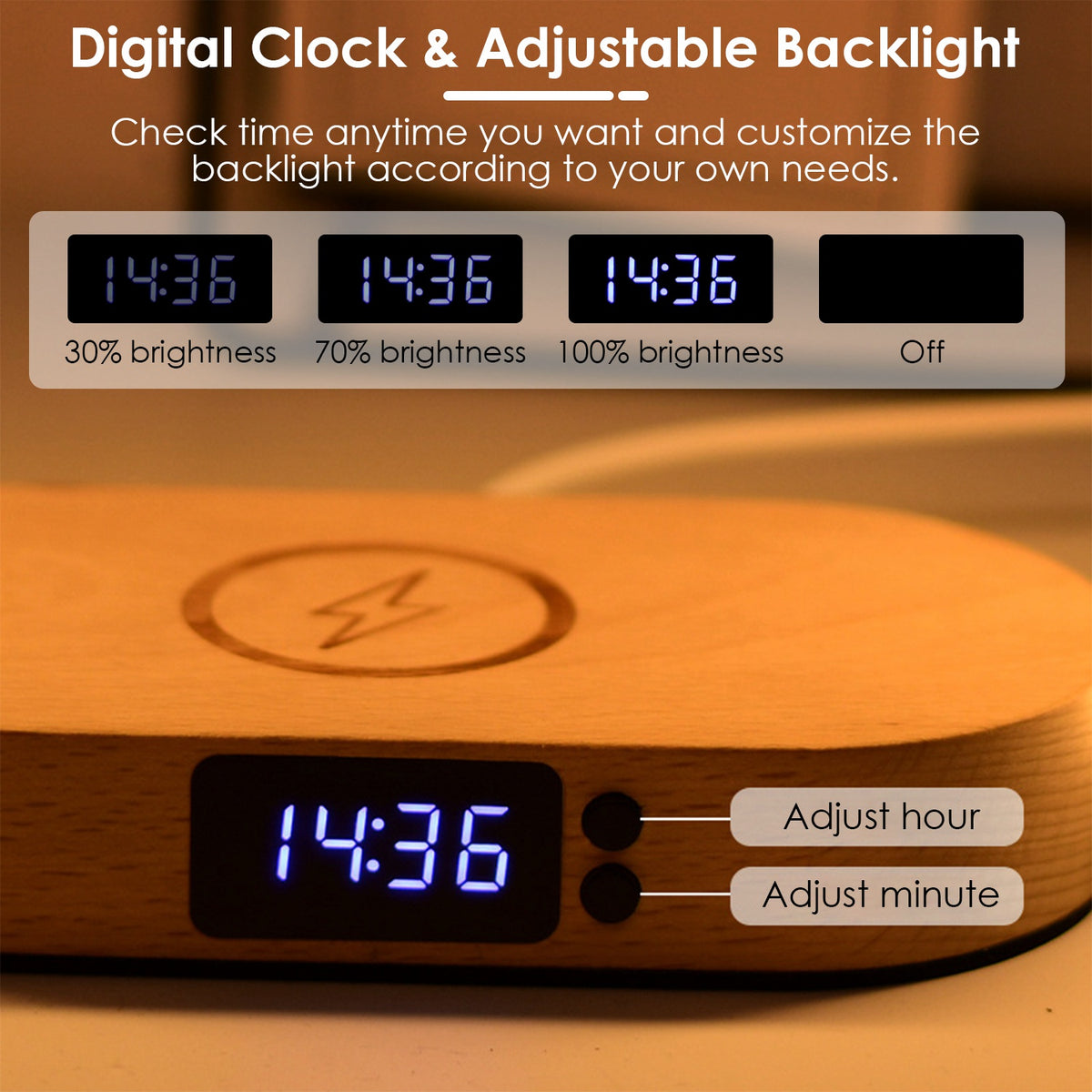 1 Set Table de lit lampe de contrôle tactile lampe avec horloge sans fil charge lampe de bureau LED