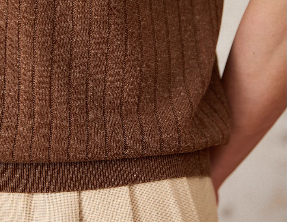 Linge Blend Lapel Zipper Sunken Stripe Manche courte