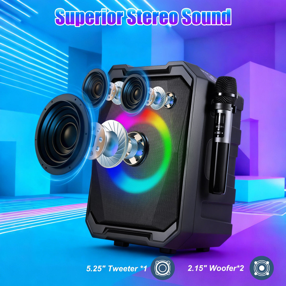 1Pc Haut-parleur sans fil portable avec lumière LED 2 sans fil Mics télécommande TWS Musi