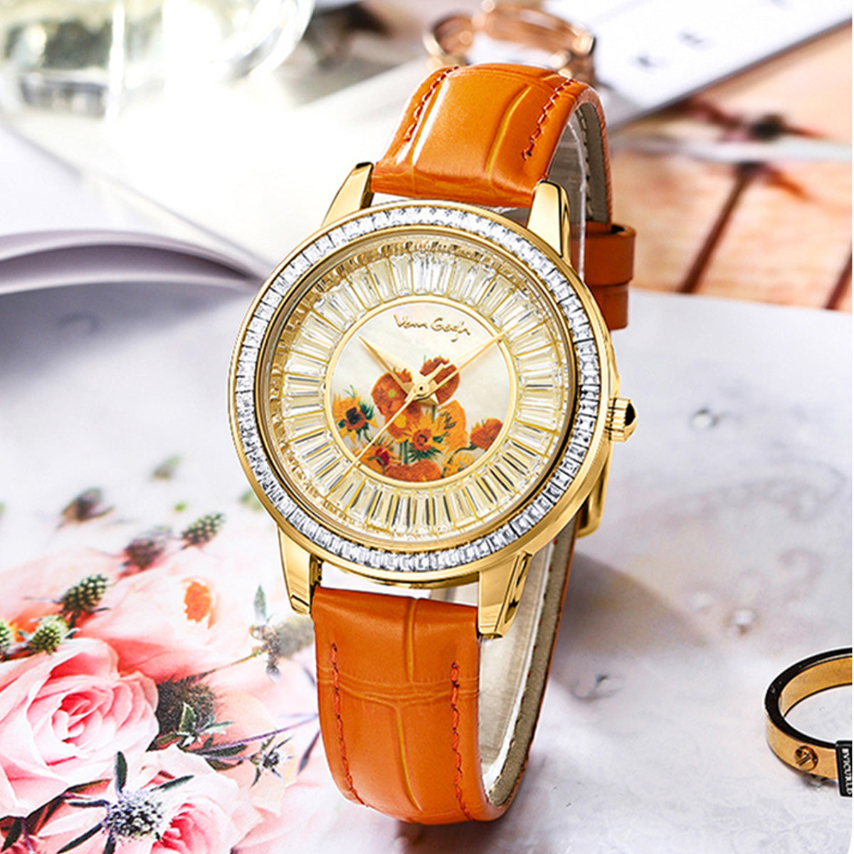 Van Gogh montre à quartz pour femme 3D imprimé peinture à l'huile Cadran complet Zirconium bracelet en cuir Se