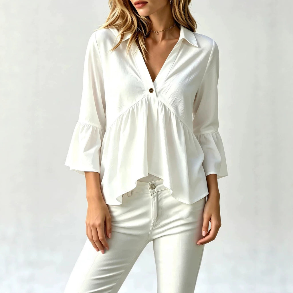 Chemise de couleur unie pour femmes avec un col et des manches volantes
