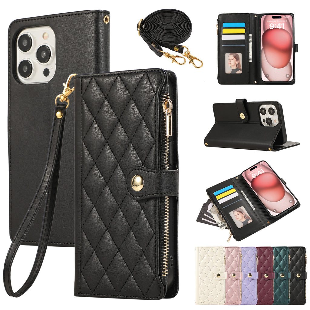 Solid Color Simple Diamond Le style de Chanel Zipper Crossbody Rope Phone Case