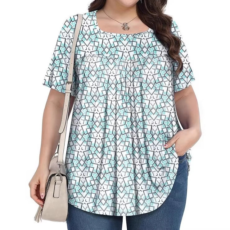 T-shirt casual à col rond à manches courtes avec imprimé floral plus taille