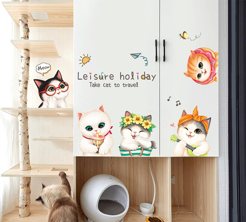 Stickers Armoire Cat Cartoon Stickers Décoration de chambre Créative Stickers Mur Litter Cat