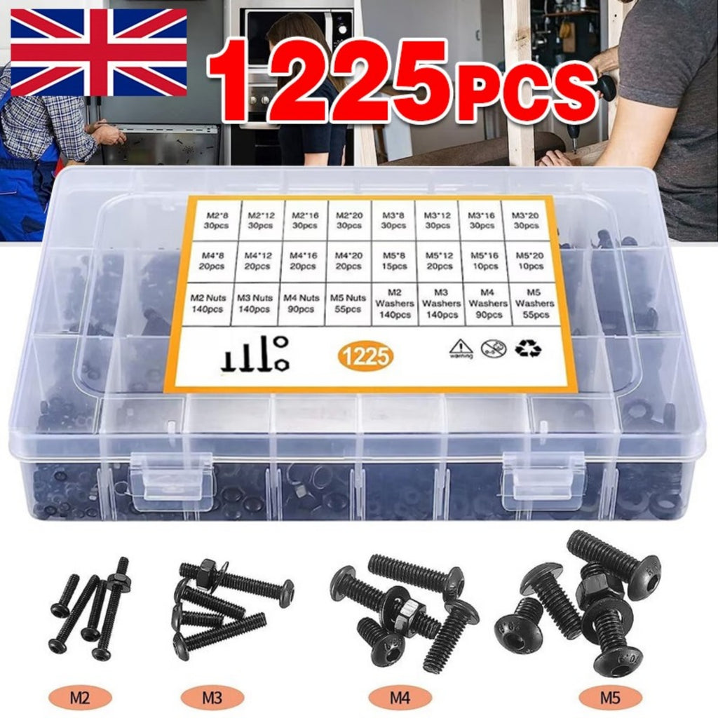 1225pcs Acier inoxydable Vis hexagonales et boulons de chaussettes Ensemble d'écrous assortis M2 M3 M4 M5