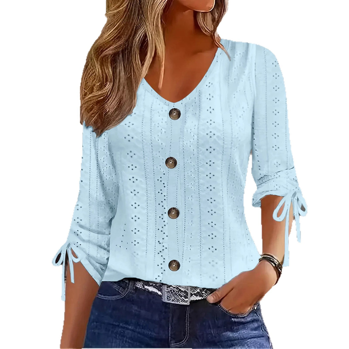 Solid Color Jacquard V-Neck Half Sleeve T-Shirt