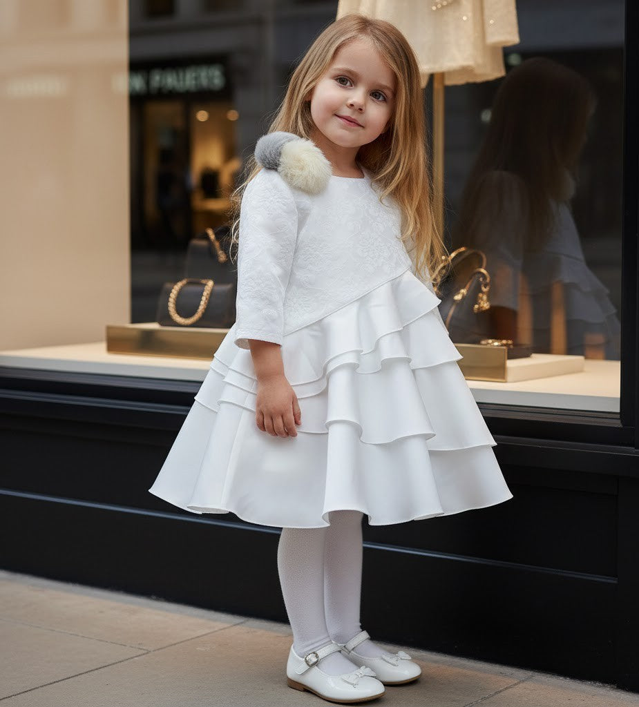 Filles Princesse Blanc Jacquard Satin Robe Élégante Multi-Layer Party porter 2-10Y