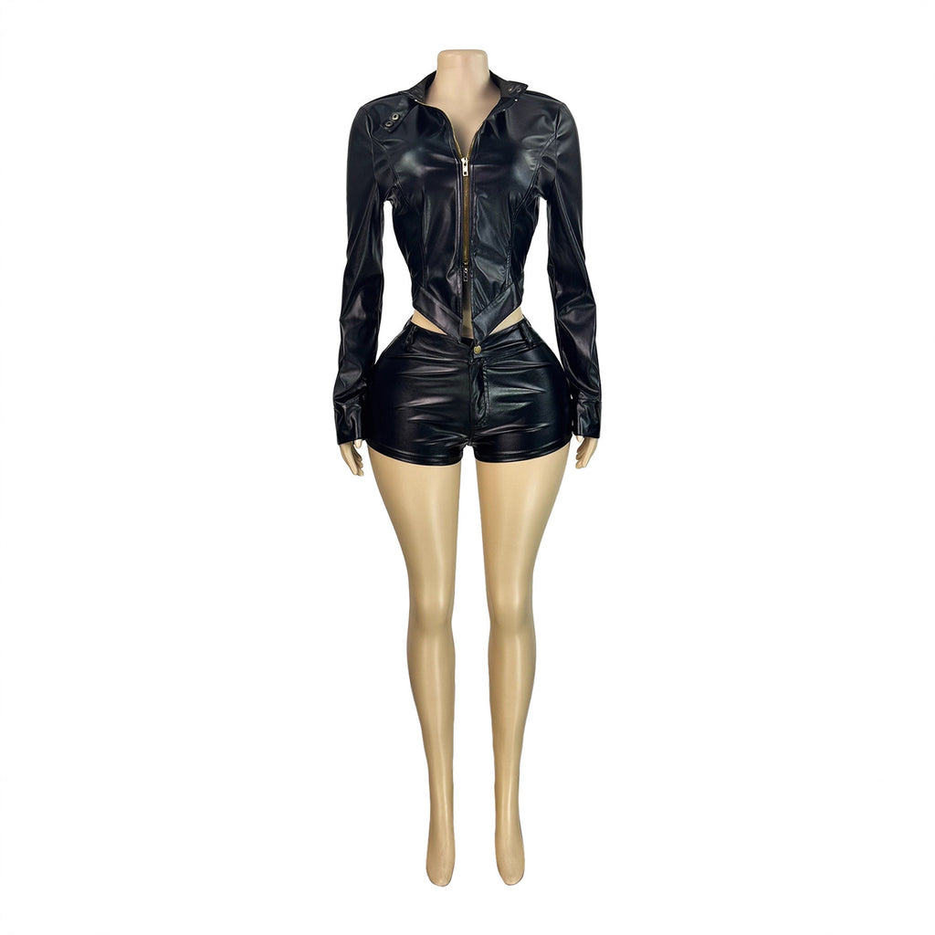 La mode européenne et américaine en cuir pour femme Stand-Collar bi-lay Zipper Biker Long-Sleev