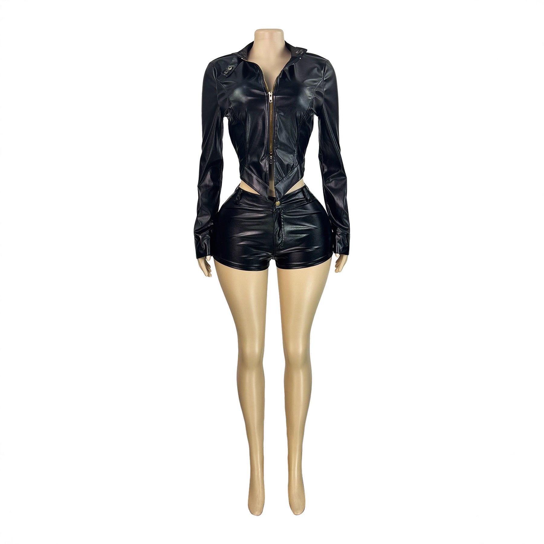 La mode européenne et américaine en cuir pour femme Stand-Collar bi-lay Zipper Biker Long-Sleev