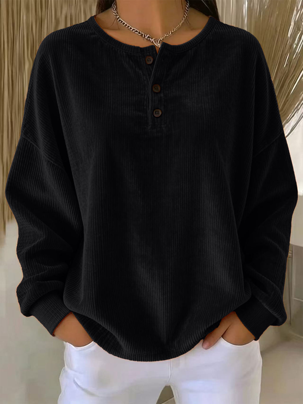Sweat-shirt à boutons en couleur unie pour femmes
