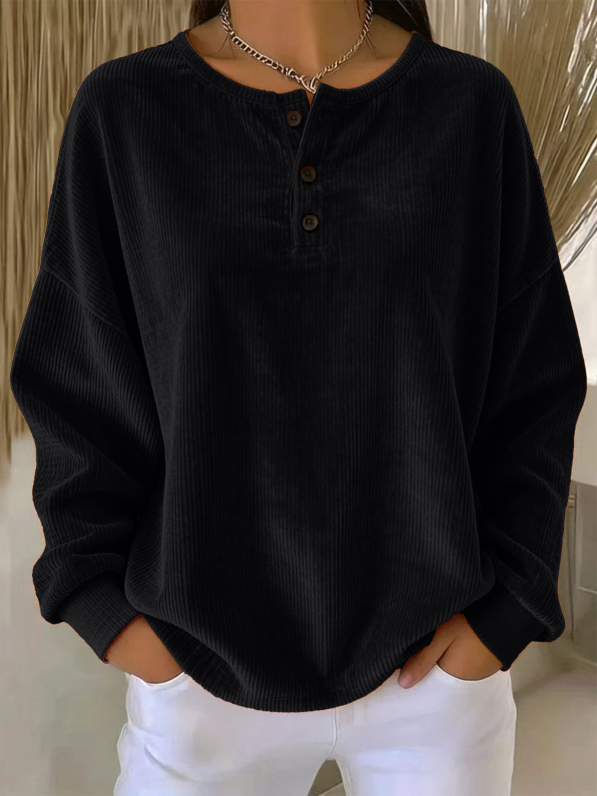 Sweat-shirt à boutons en couleur unie pour femmes
