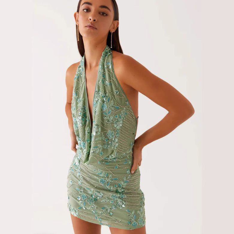Women's Elegant Halter V-Neck Printed Dress