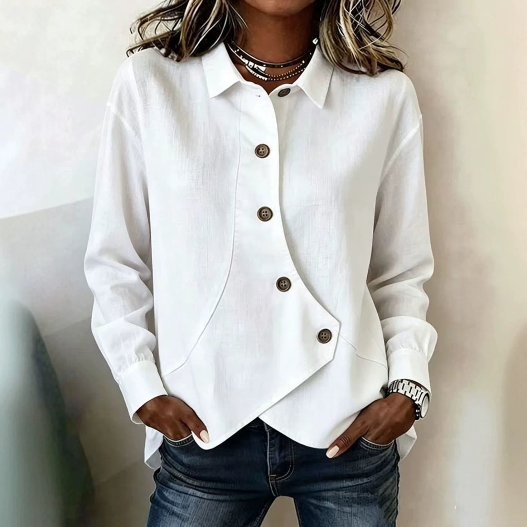 Femmes Casual Solid-Color Asymétrique manches longues chemise de style européen et américain