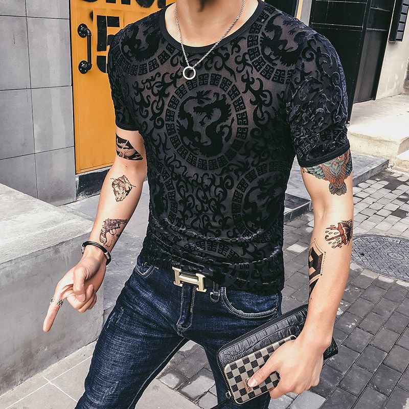 T-shirt en soie de glace en velours d'or pour homme Respirant manches courtes à col rond