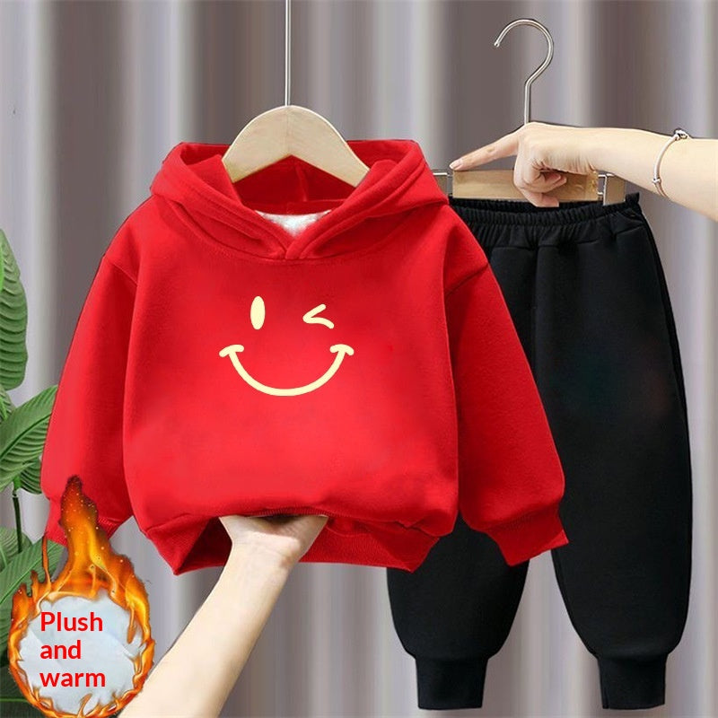 Ensemble de deux pièces à capuche et à sweatpants rouge festifs de style chinois doublé de polaire