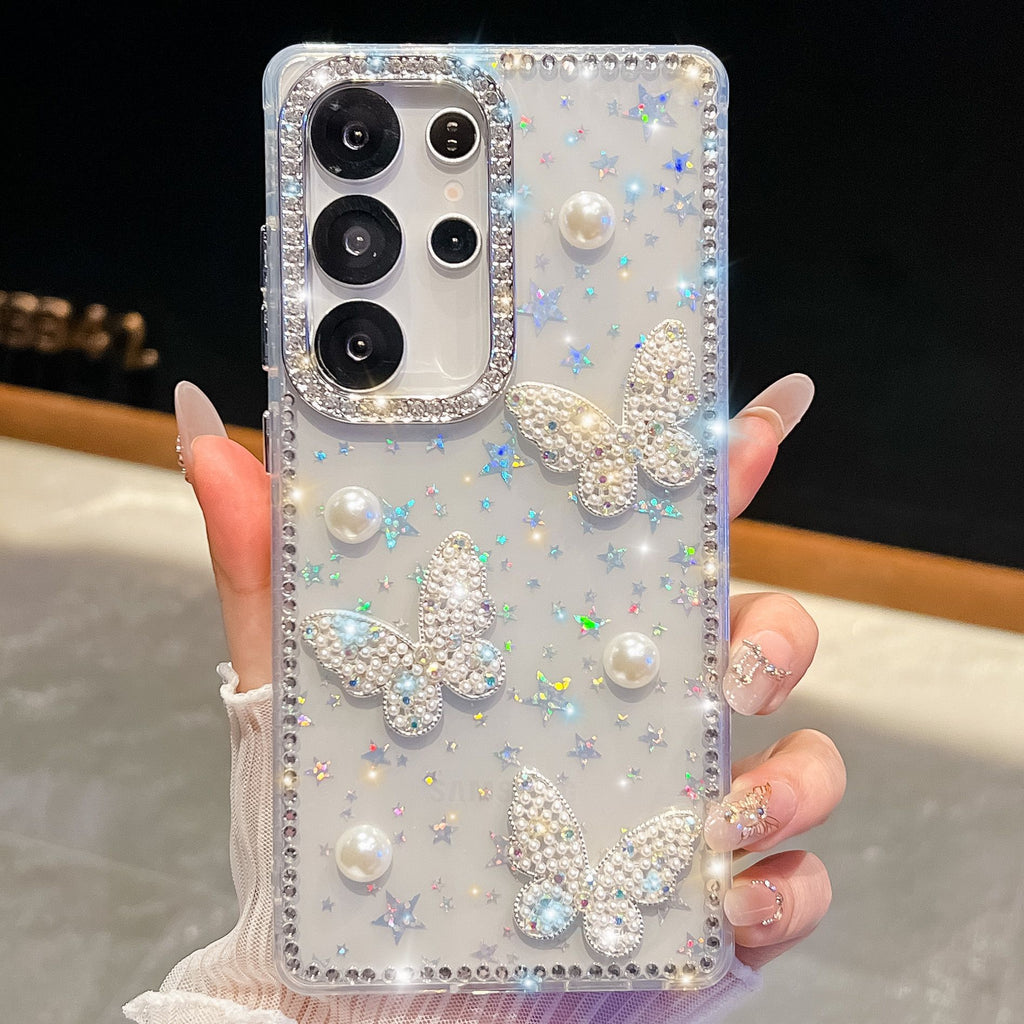 Glitter Powder Pearl Butterfly Style Coque téléphonique avec Strass