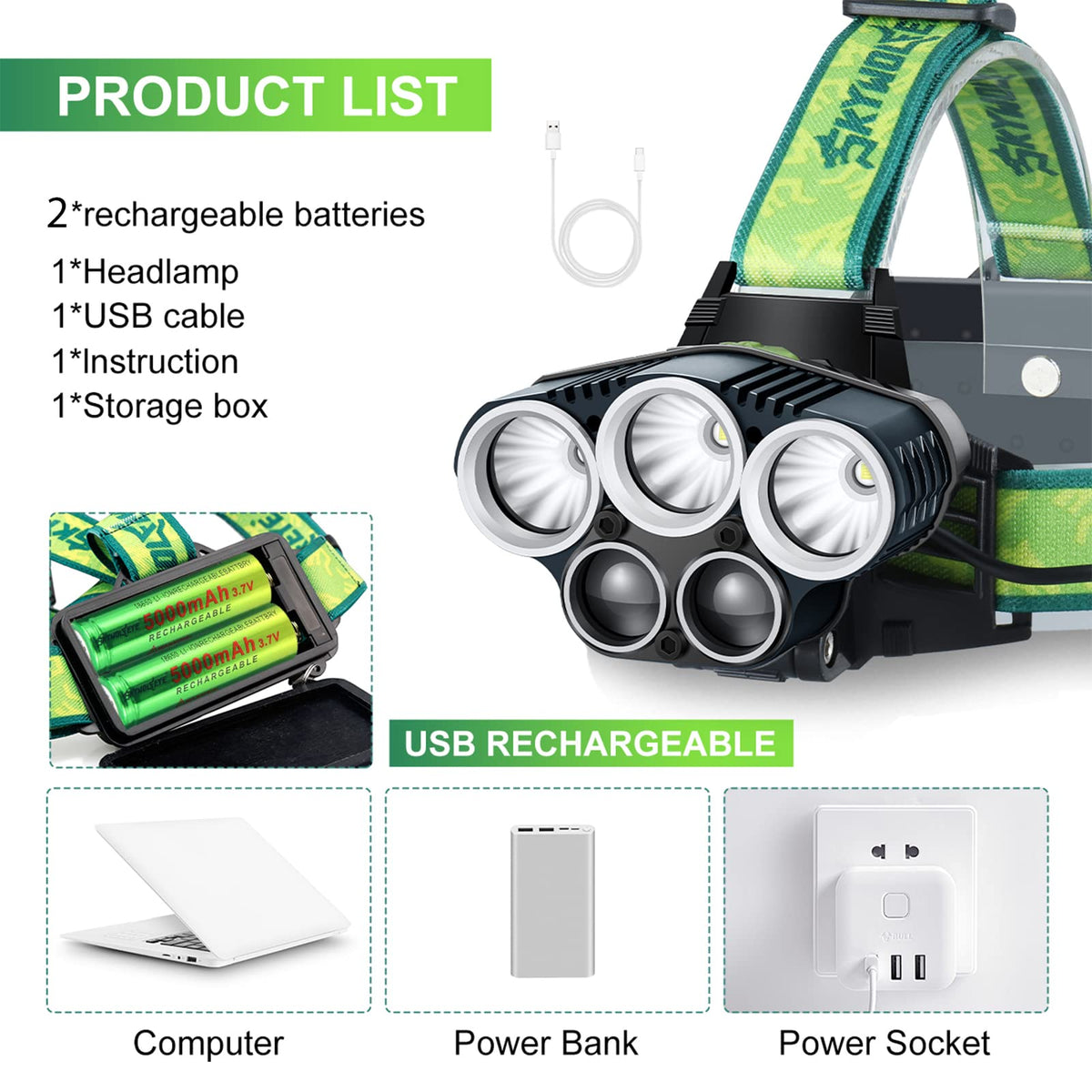 USB Charging Strong Light 5LED Outdoor Camping phare