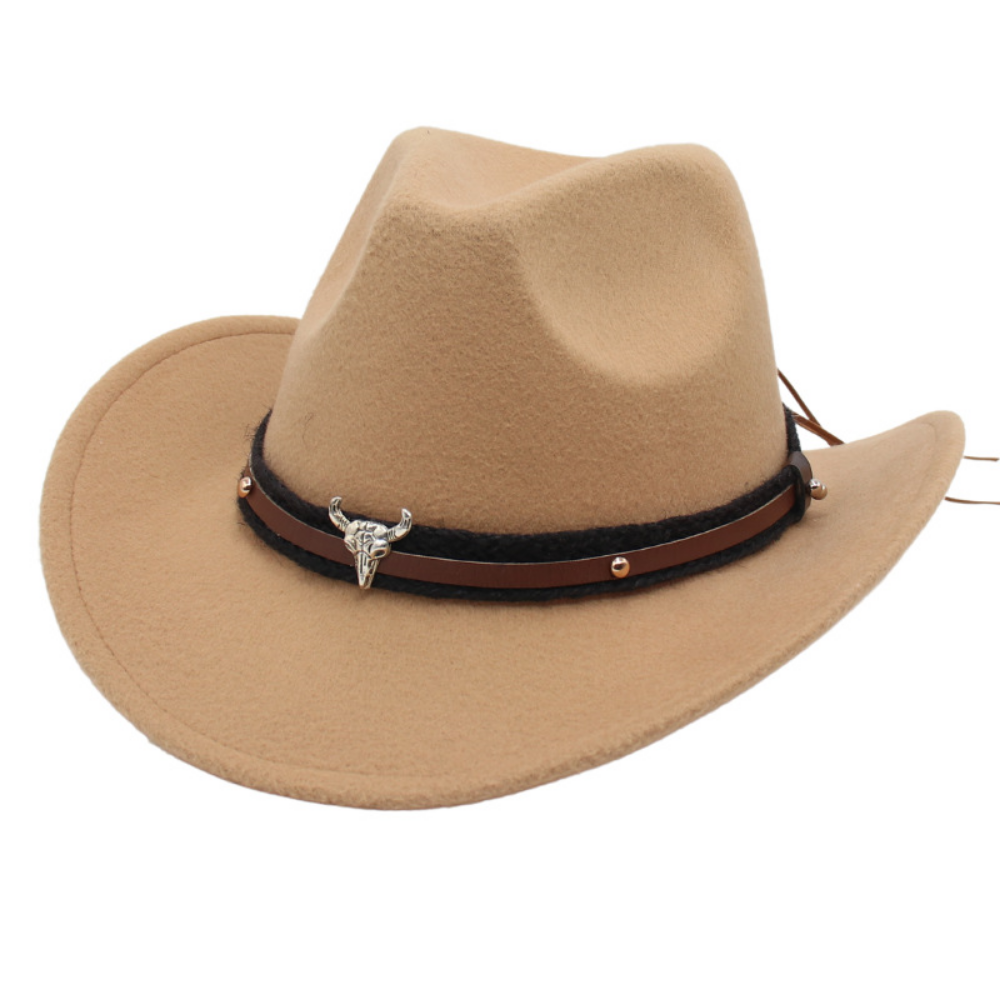 Chapeau américain rétro Western Cowboy - Silver Bull Head Large Brim Felt Chapeau tricoté