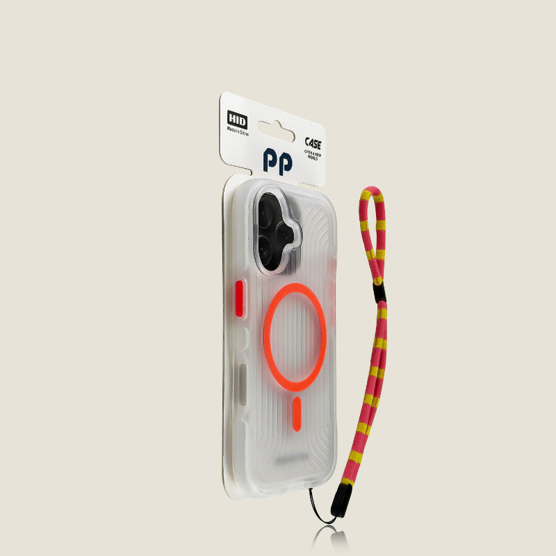 Cas de téléphone rayé noir mat avec fixation magnétique et lanyard intégré pour