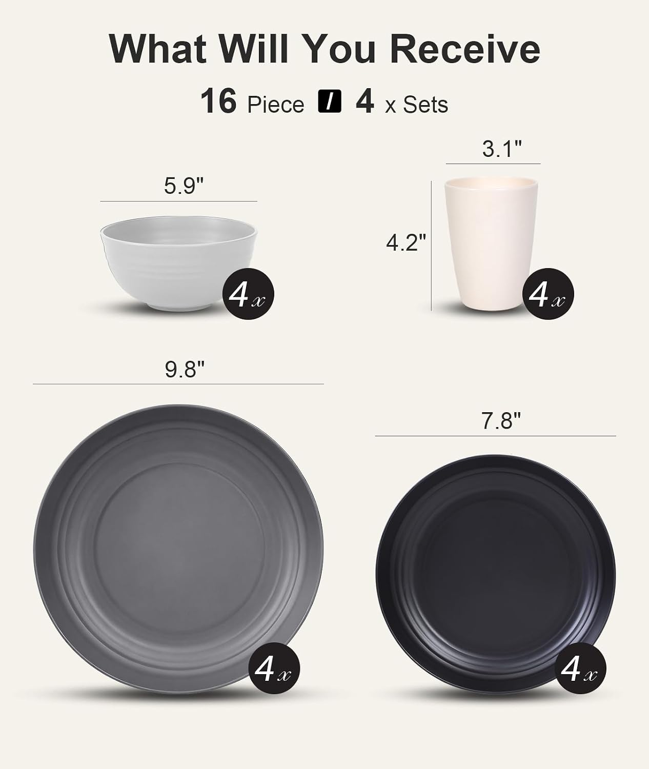 Ensemble de 16 assiettes et bols pour 4 pièces