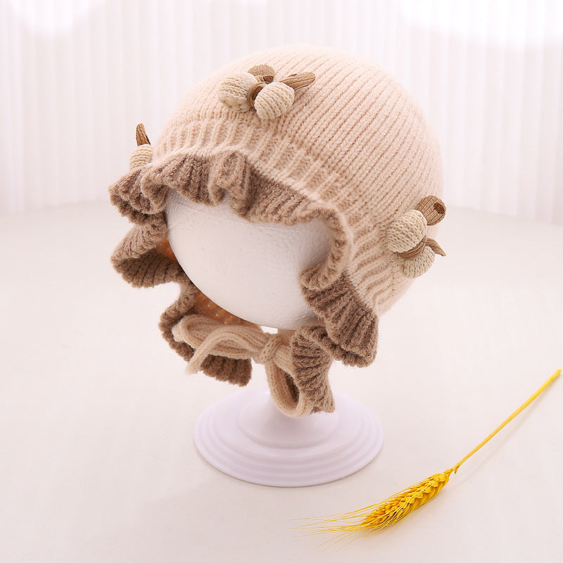 Automne et hiver Chapeau tricoté Mignon princesse fleur Bonnet bébé fille chaude Dentelle haut laine bras