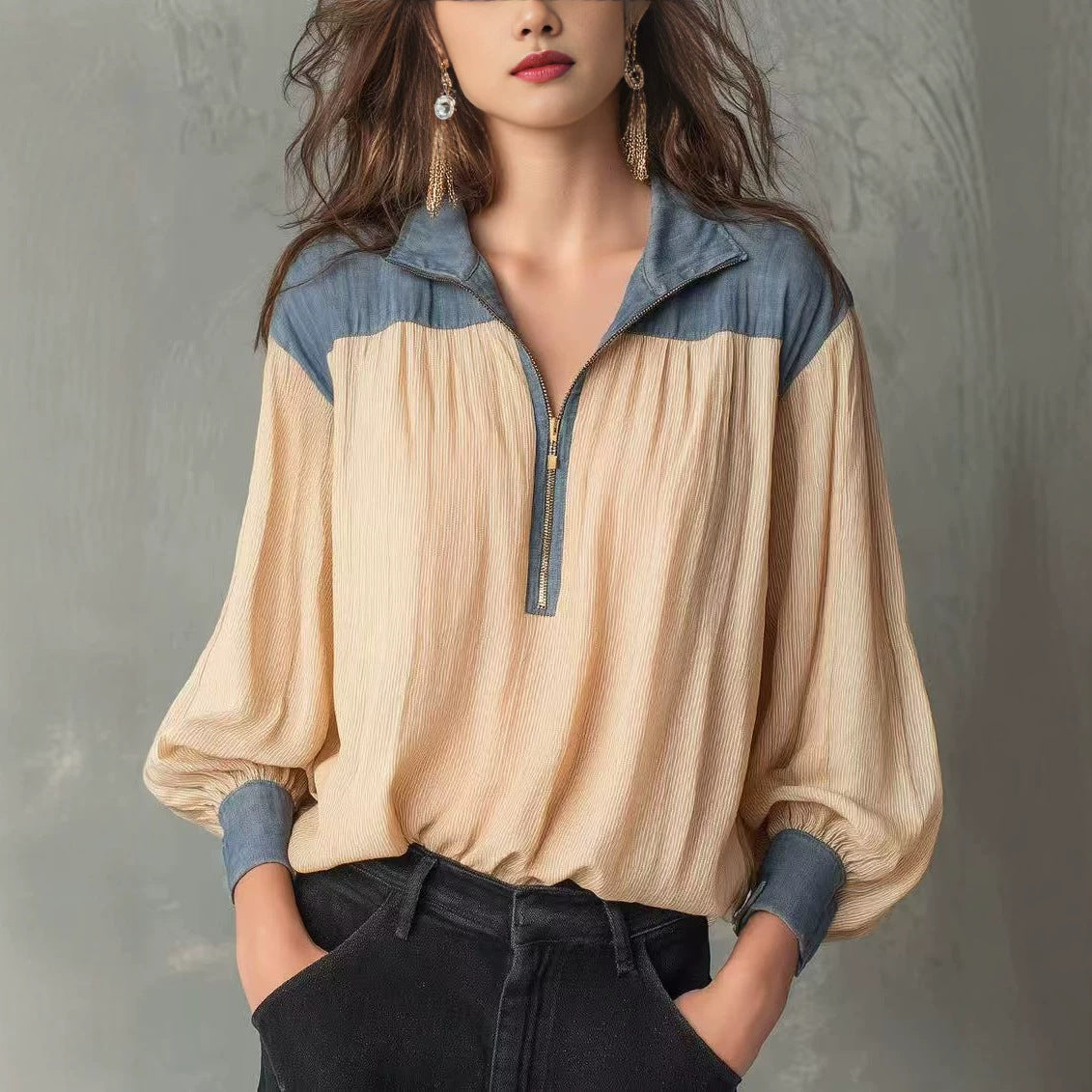 Chemise casual femme à manches longues avec une fermeture éclair et manches de puff