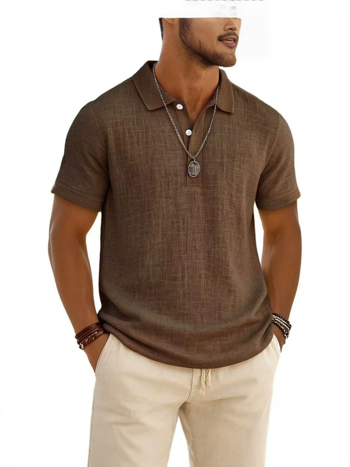 Trendy Men's Casual Solid-color Summer Bamboo-ribbed Coton Polo manches courtes Chemise Homme