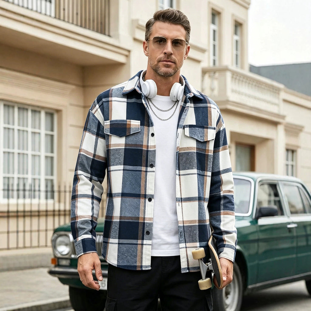 Men's Lapel-collar Plaid Cardigan with Pockets Casual Long Sleeve Shirt