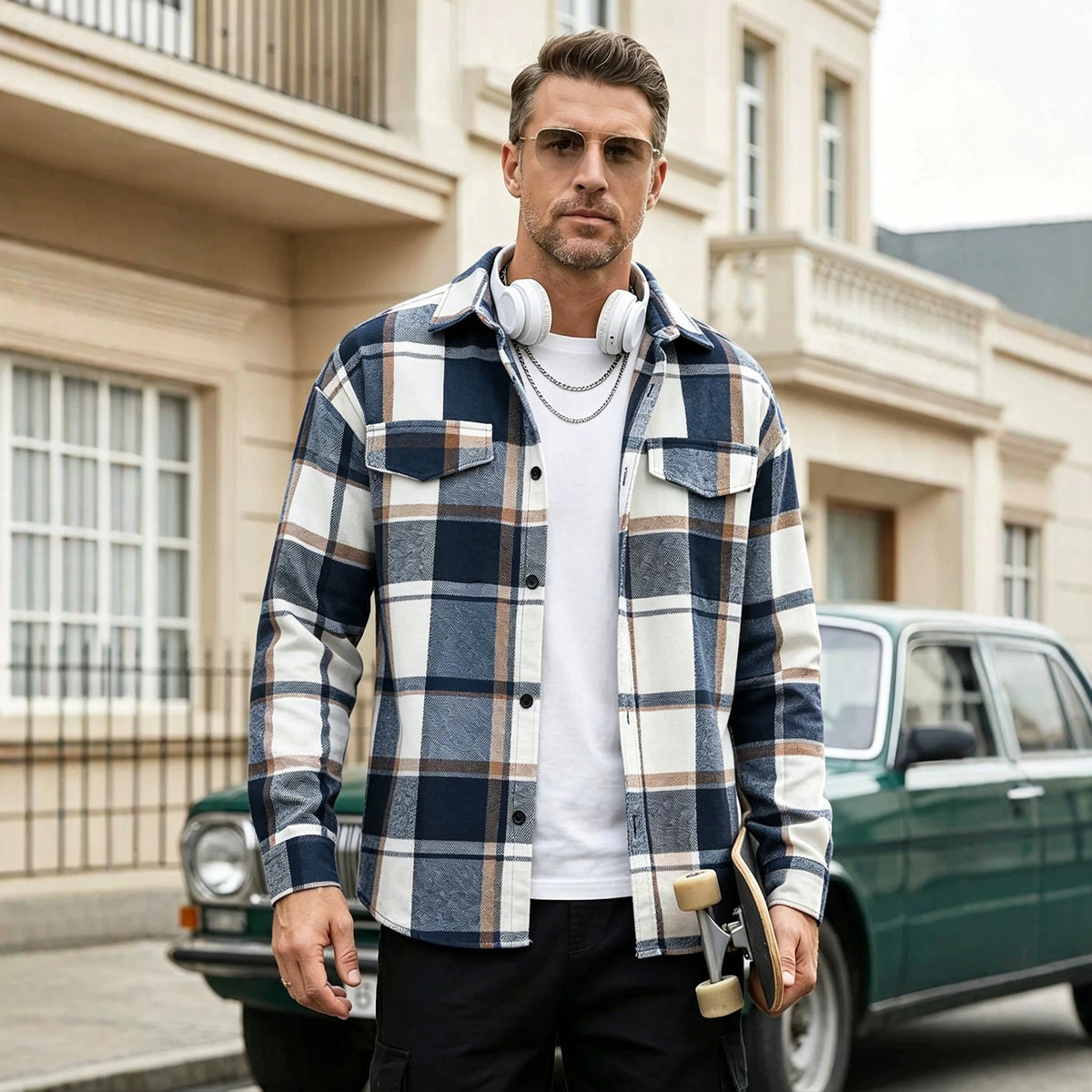 Men's Lapel-collar Plaid Cardigan with Pockets Casual Long Sleeve Shirt