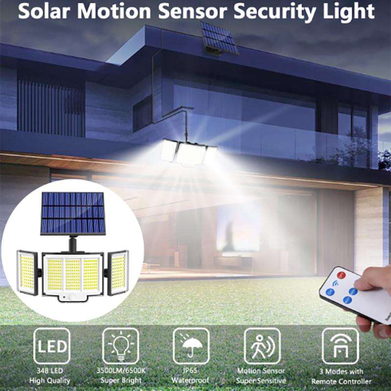 1-Pack lumière solaire extérieure 348-LED détecteur de mouvement avec télécommande 3 têtes