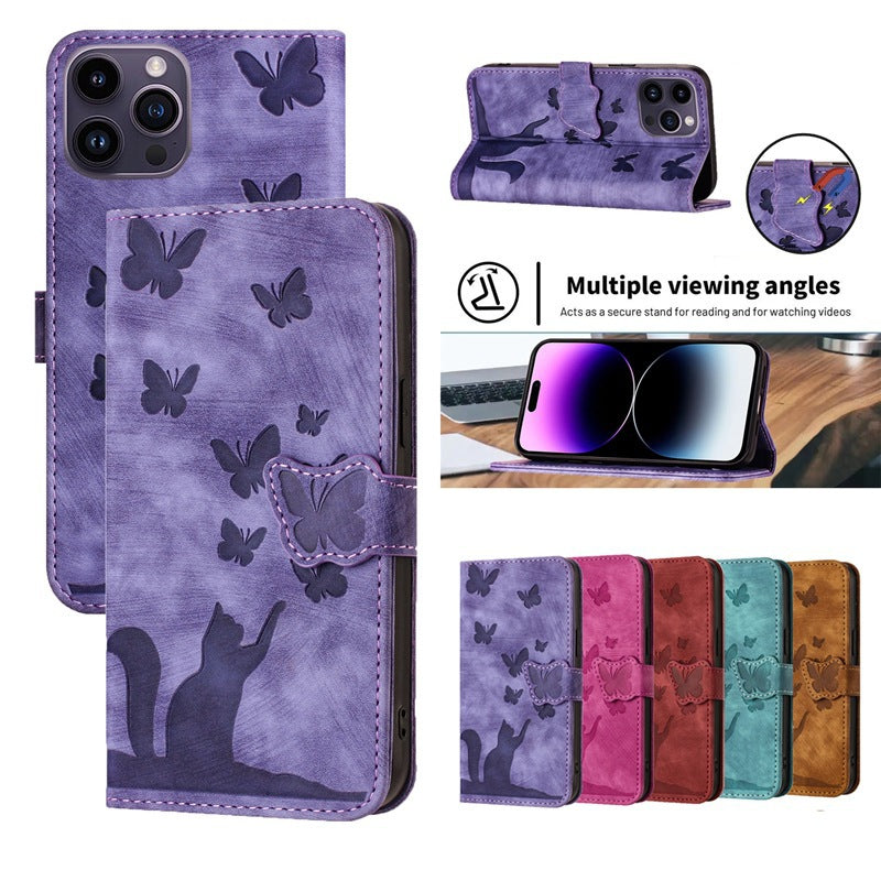 Leather butterfly cat embossed phone case