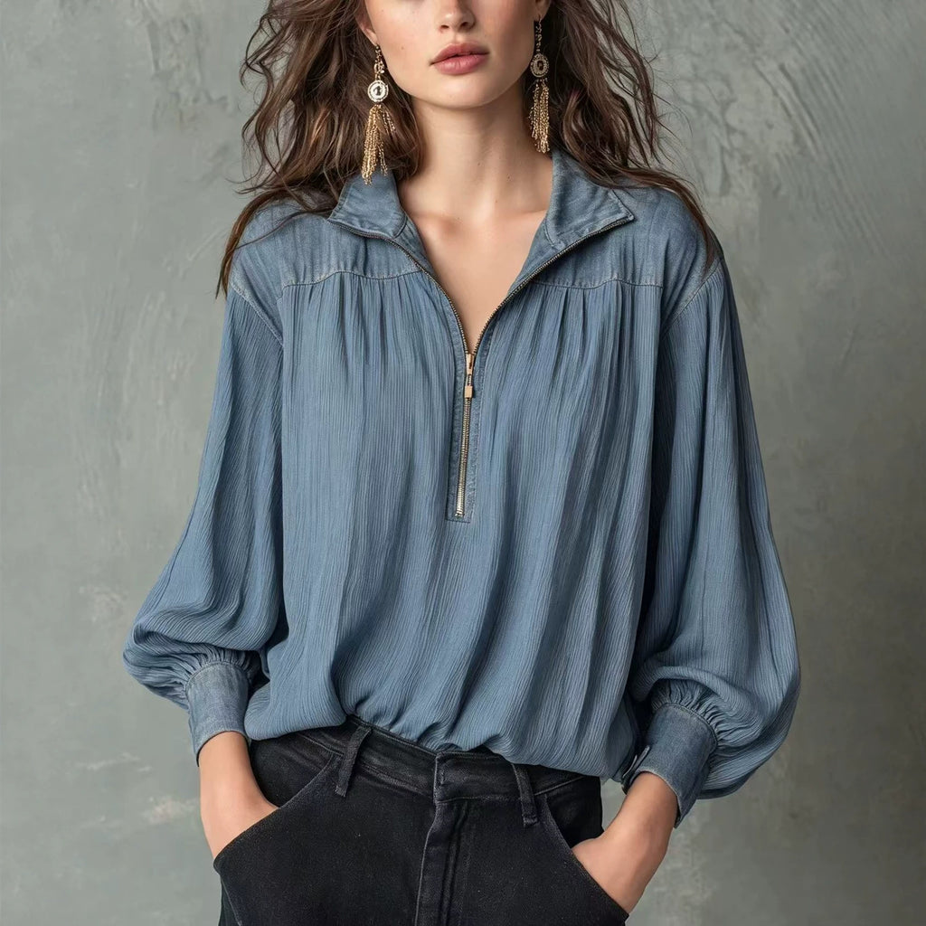 Chemise casual femme à manches longues avec une fermeture éclair et manches de puff