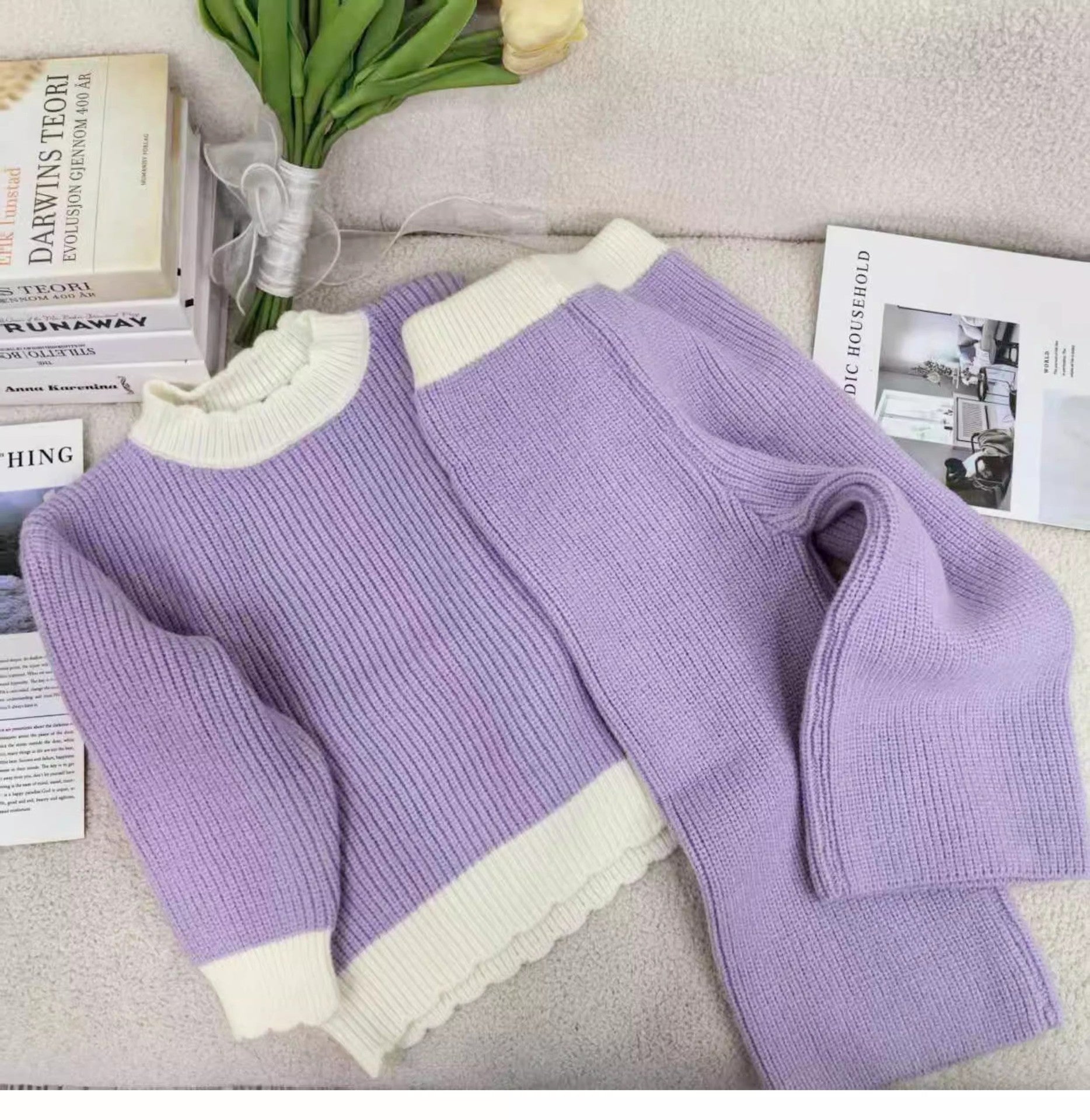 Set de sweater à volants chic tricoté top et pantalons occasionnels deux-pièces pour les enfants et Bab