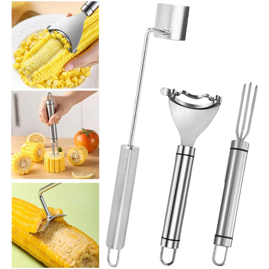 Ensemble d'outils pour éponge et stripper en acier inoxydable 3 pièces - Enlevant le noyau de maïs