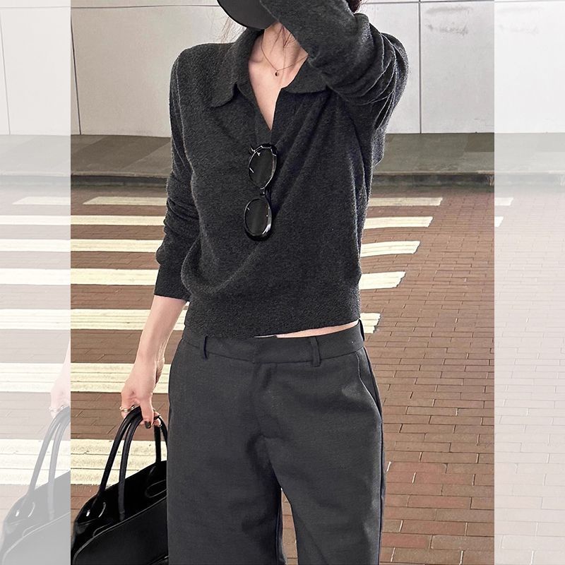 Gris foncé Préppy style tricoté manches longues haut bas