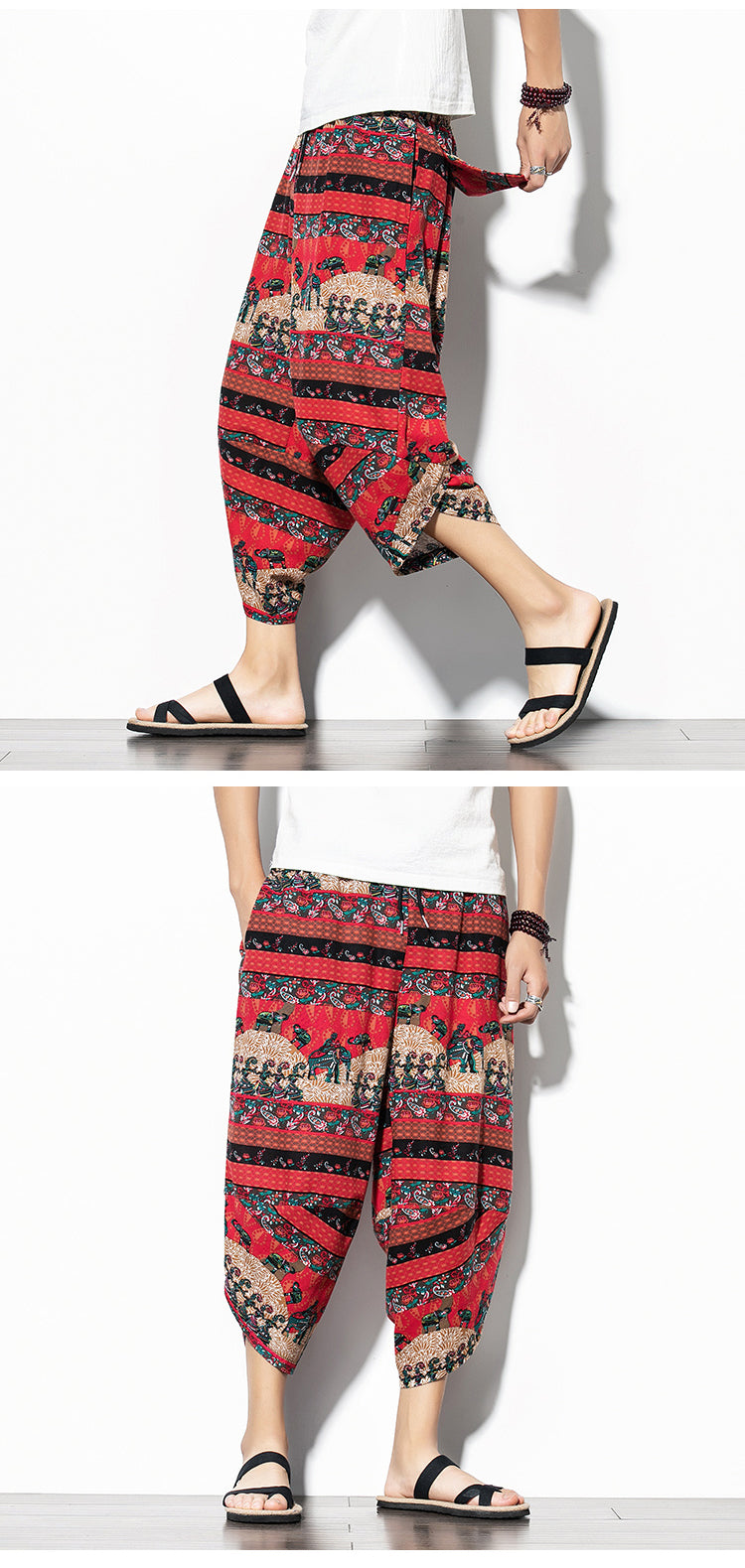 Pantalon imprimé en coton et en lin