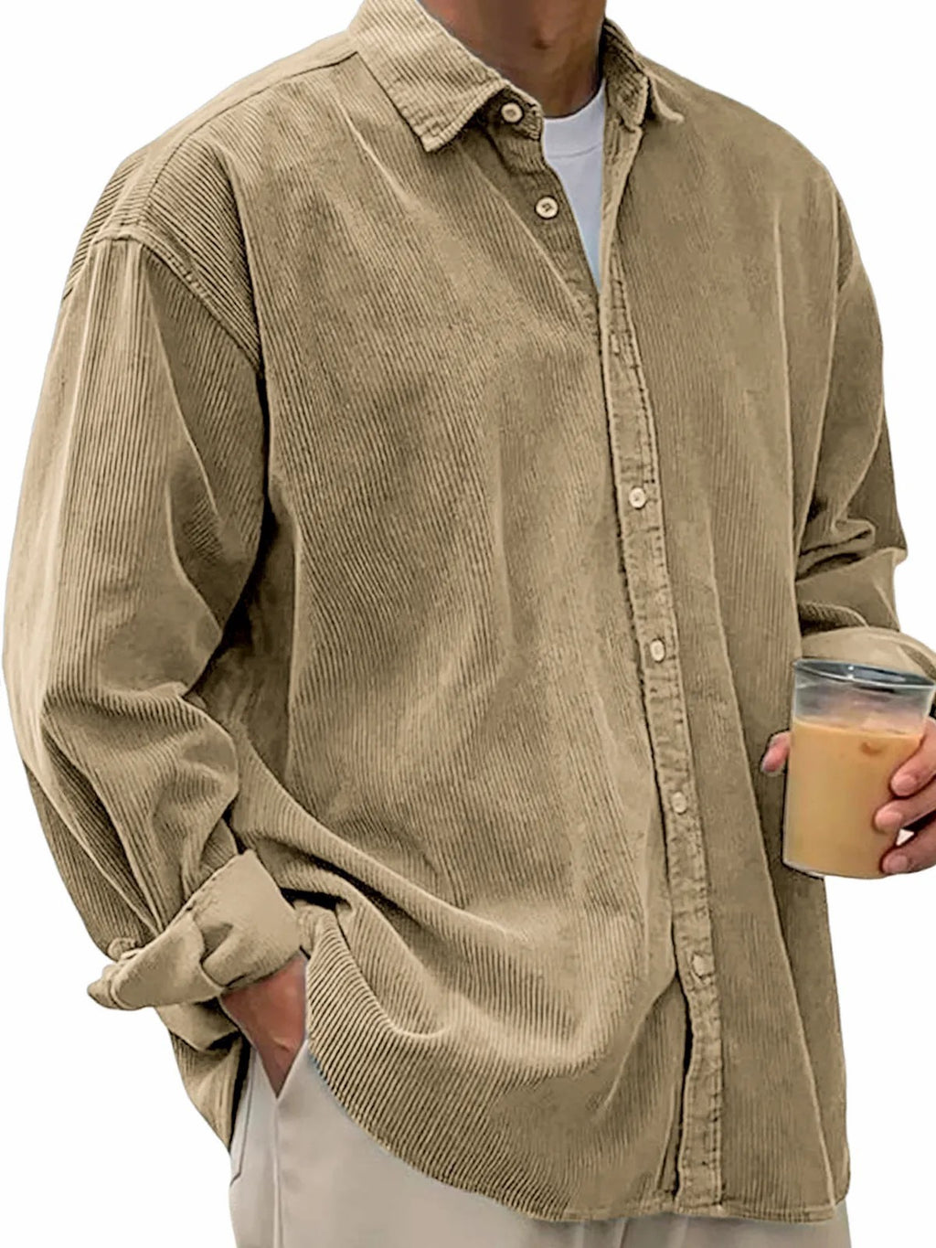 European And American Men's Casual Loose Solid Color Corduroy Lapel Shirt Indépendant Site