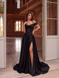 Léger luxe Dentelle Satin Robe de soirée Off-Sholder Bracelet Dîner de mariage Robe longue