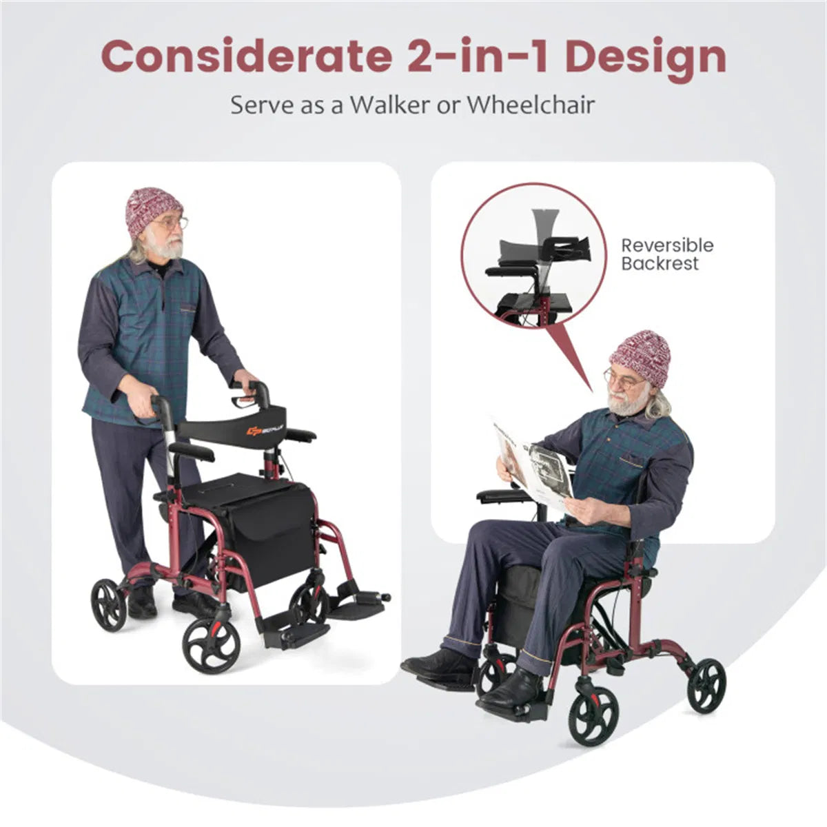2-en-1 Walker roulant et fauteuil roulant (300lbs): poignées réglables à 6 niveaux