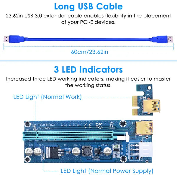 5Sets PCI-E PCI Express Risers GPU Carte adaptateur Riser alimenté par extraction W/ 23.62in USB 3.0 Ca