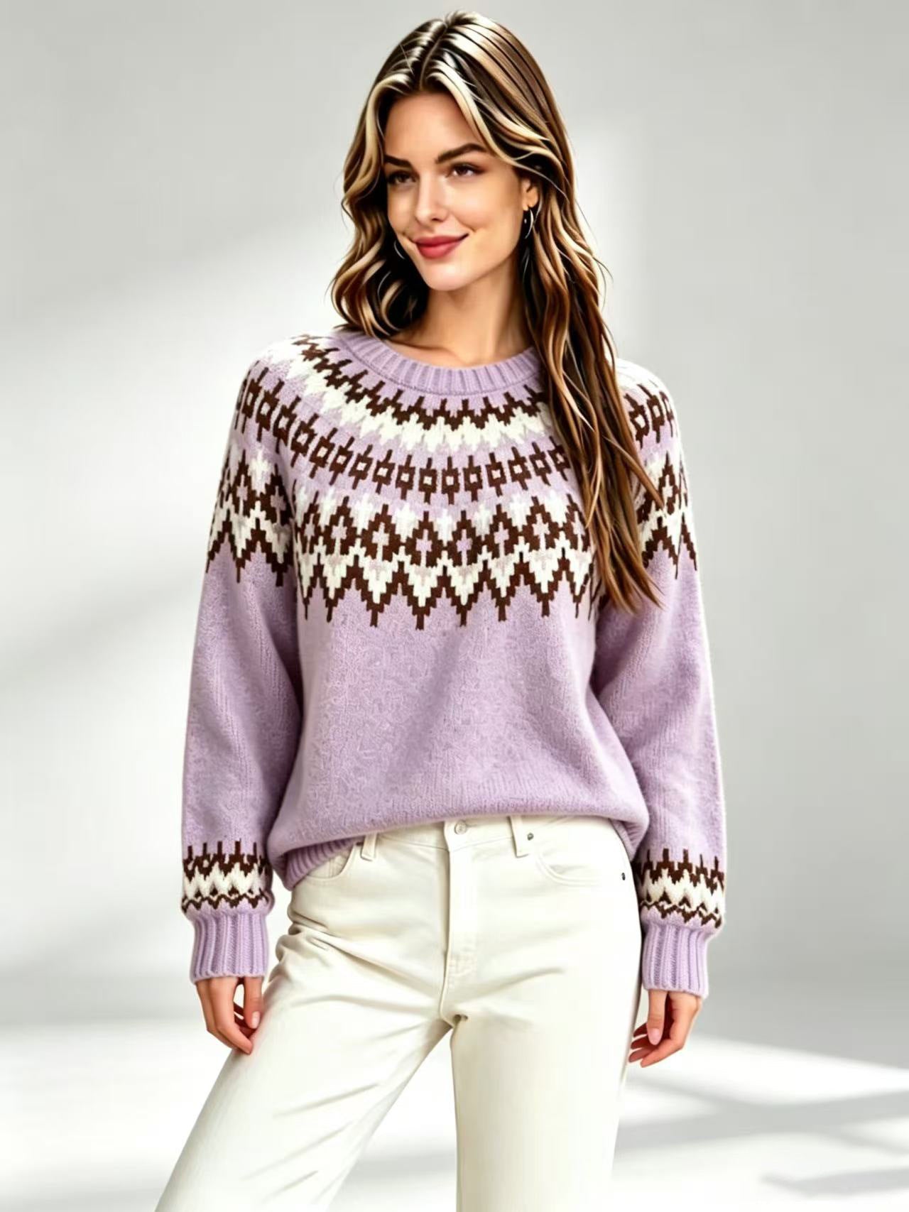 Femmes Retro Fair-Isle Knit Crew-Neck Sweater