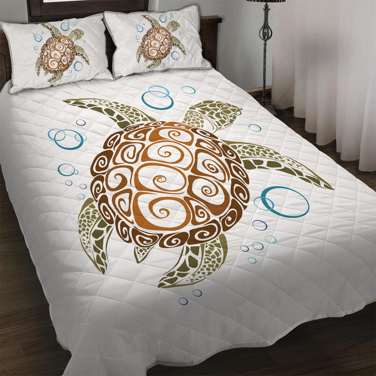 Gold Sea Turtle Quilt Set - Summer Lightweight Bedspread - Teen Beach Turtle Pattern - Sof