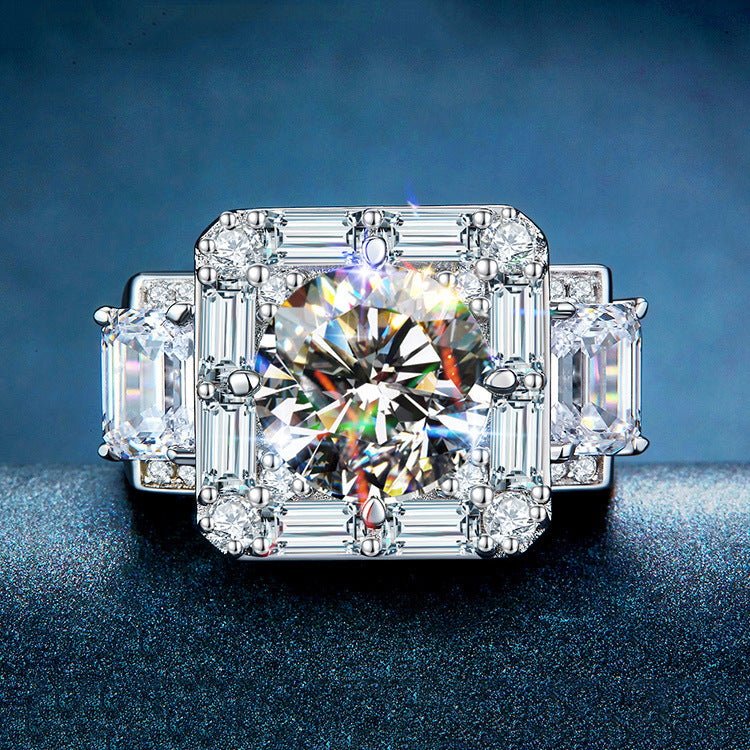 Moissanite Luxury T Square Ring 18K Platinum Gold Diamond Ring Ensemble complet avec petit diamant
